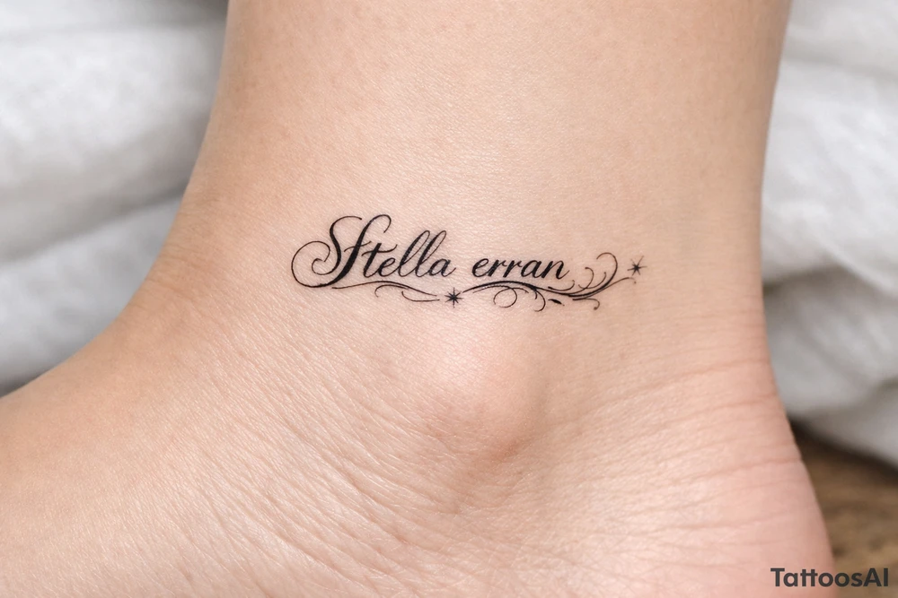Delicate calligraphy of Stella erran on the inner ankle tattoo idea