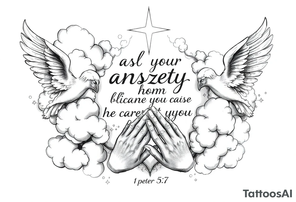 cast all your anxiety on him because he cares for you"  1 peter 5:7 surrounded with clouds and angels and praying hands tattoo idea