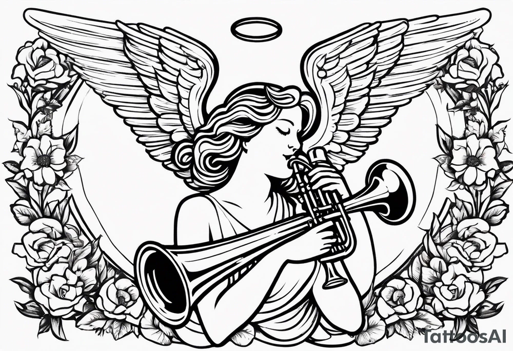 angel with trumpet
old school vintage simple traditional design with vintage flowers surrounding it bold color tattoo idea