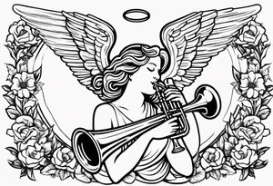 angel with trumpet
old school vintage simple traditional design with vintage flowers surrounding it bold color tattoo idea