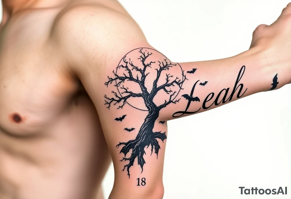 An ankh, January 18 in Roman numerals, a poison tree silhouette with a moon behind and bat silhouettes, the name Leah tattoo idea