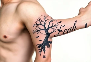 An ankh, January 18 in Roman numerals, a poison tree silhouette with a moon behind and bat silhouettes, the name Leah tattoo idea