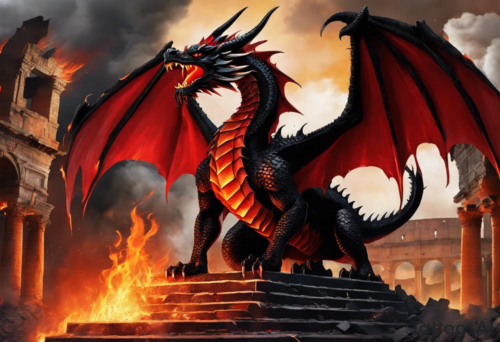 A majestic black and red dragon with shimmer golden scales standing in the burning ruins of a crumbling colosseum with flames and ash around his feet. This dragon depicts power, danger, and awe billowing flames from his mouth into the sky with wings outstretched. Show the dragon standing within the ruined, burning colosseum with crumbling columns on either side, with him blowing flames into the air. tattoo idea