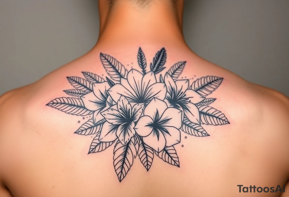 Bouquet made of birth flowers for the months of April May, June and August with exotic foliage like fern leaves and Monstera tattoo idea