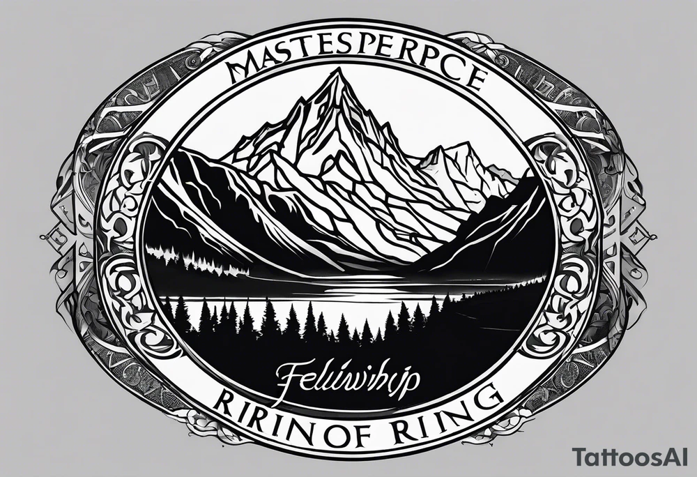 lord of the rings ring lettering with mountains above it and silhouette image of the fellowship of the ring on their travels under that tattoo idea