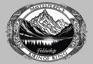 lord of the rings ring lettering with mountains above it and silhouette image of the fellowship of the ring on their travels under that tattoo idea