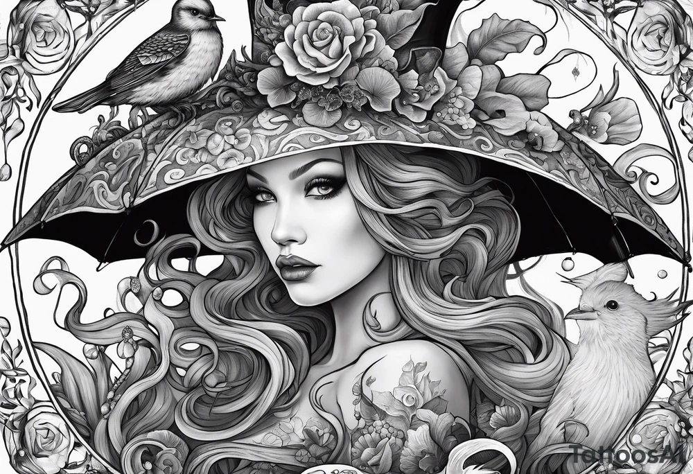 A beautiful sea witch with tentacles that incorporates a teacup, an umbrella, a yellow bird, and a gingerbread boy tattoo idea