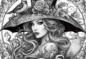A beautiful sea witch with tentacles that incorporates a teacup, an umbrella, a yellow bird, and a gingerbread boy tattoo idea