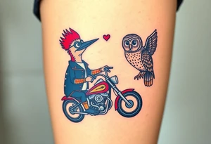 Woody the woodpecker wearing a leather vest that says peckerwoods, on a Harley Davidson under a palm tree, gazing in love at a barn owl tattoo idea