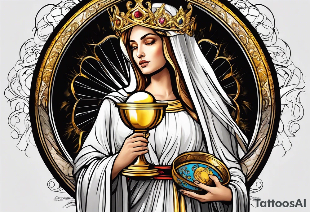 holy saint woman with golden halo holding a chalice tattoo idea