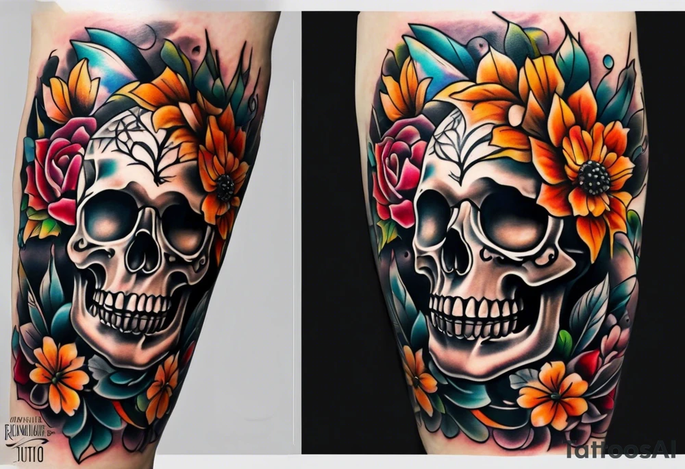Old school center Knee tattoo with realistic skull, various flowers, water and fall colors tattoo idea