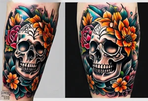 Old school center Knee tattoo with realistic skull, various flowers, water and fall colors tattoo idea