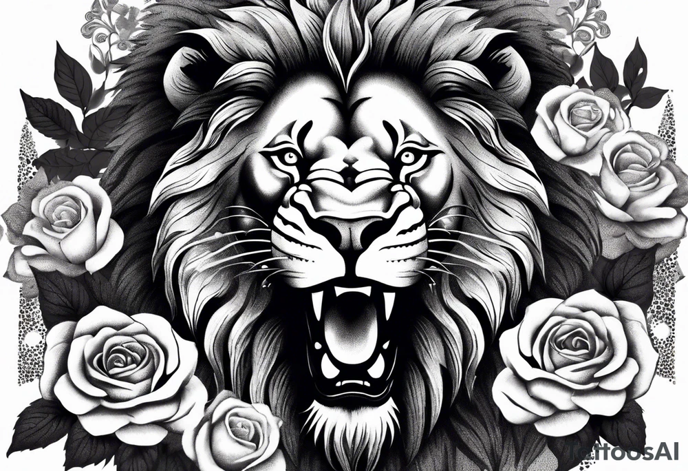 Powerful lion roaring surrounded by roses tattoo idea
