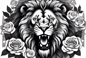 Powerful lion roaring surrounded by roses tattoo idea