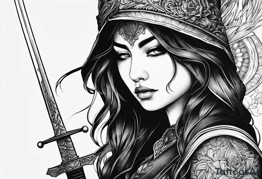 Bind Girl with cover on her eyes with a sword in her hand and in the other hand holds a scale tattoo idea