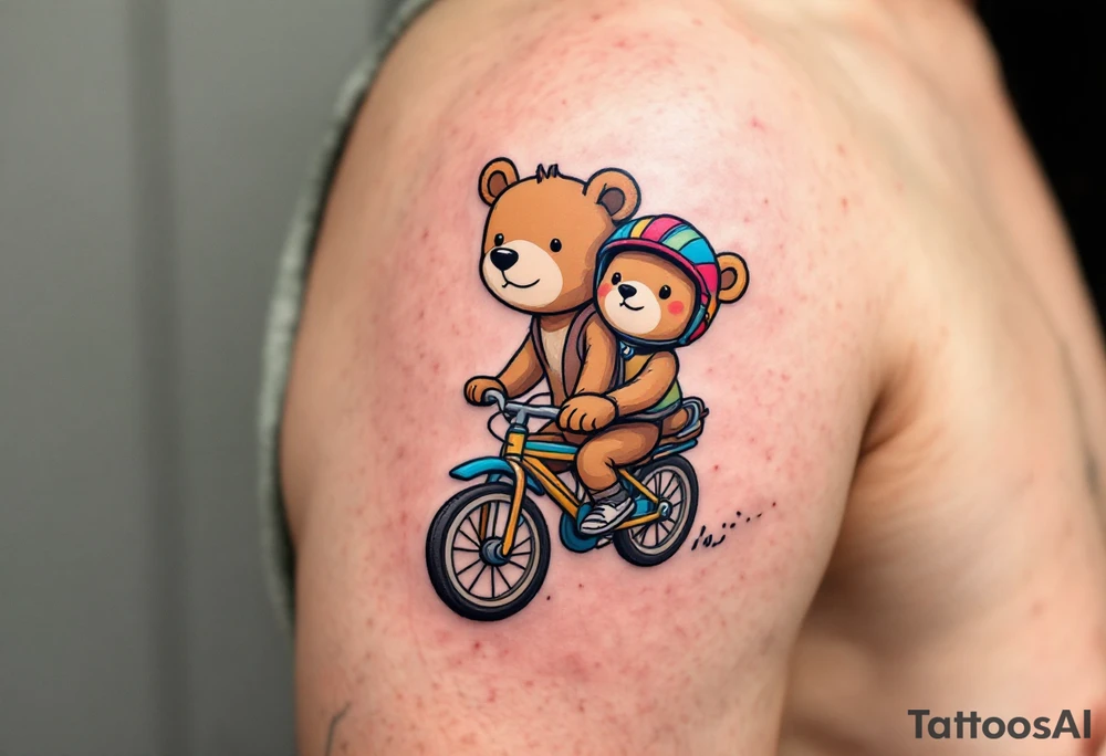 A bear and cub riding a bike together, drawn in simple round shapes with brown fur and colorful helmets. tattoo idea