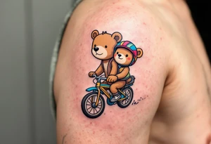 A bear and cub riding a bike together, drawn in simple round shapes with brown fur and colorful helmets. tattoo idea