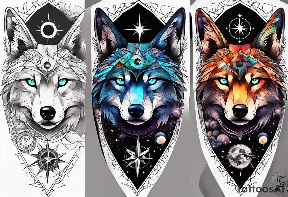 a tattoo sleeve with: A yin yang, A compass, A geometric wolf, A galaxy scene with planets and stars. tattoo idea