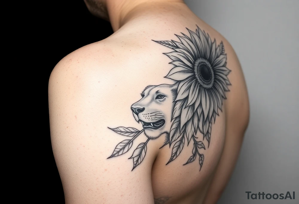 sunflower or multiple sunflowers and lion head on a woman upper arm tattoo idea