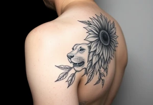 sunflower or multiple sunflowers and lion head on a woman upper arm tattoo idea