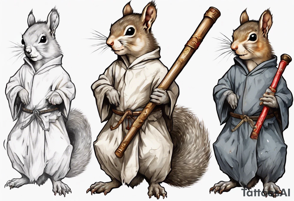 a grey squirrel with hazel eyes dressed in a medieval tunic holding a large white stick tattoo idea