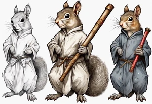 a grey squirrel with hazel eyes dressed in a medieval tunic holding a large white stick tattoo idea