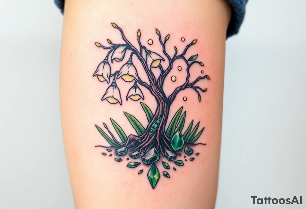 White Lilly of the vally bells growing around a blooming hawthorn  tree with emerald stones emerging from the ground tattoo idea