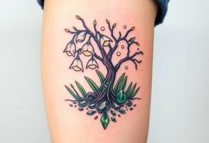 White Lilly of the vally bells growing around a blooming hawthorn  tree with emerald stones emerging from the ground tattoo idea