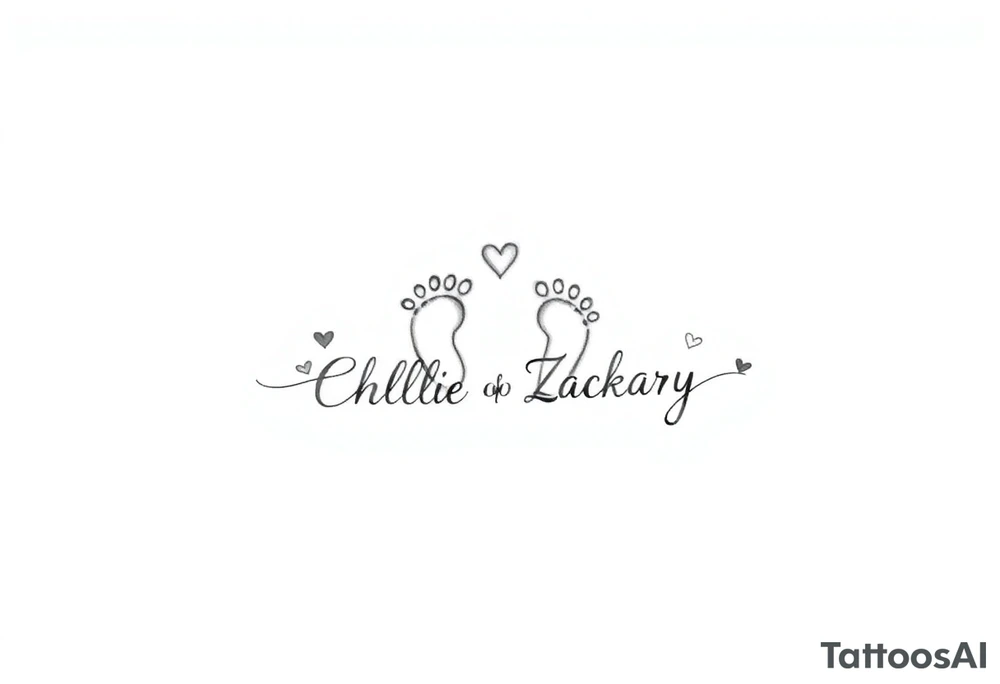 Create a small, elegant tattoo design that celebrates the spirit of childhood. The design should evoke innocence and joy, incorporating delicate elements like tiny handprints or footprints, subtle stars, or a playful heart. Consider integrating minimal floral accents or soft, flowing lines that suggest the nurturing bond of family. Optionally, you can include the names "Charlie" and "Zackary" in gentle, cursive script within the design to personalize it further. tattoo idea