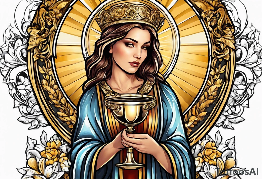 woman saint holding chalice surrounded by golden halo portrait tattoo idea