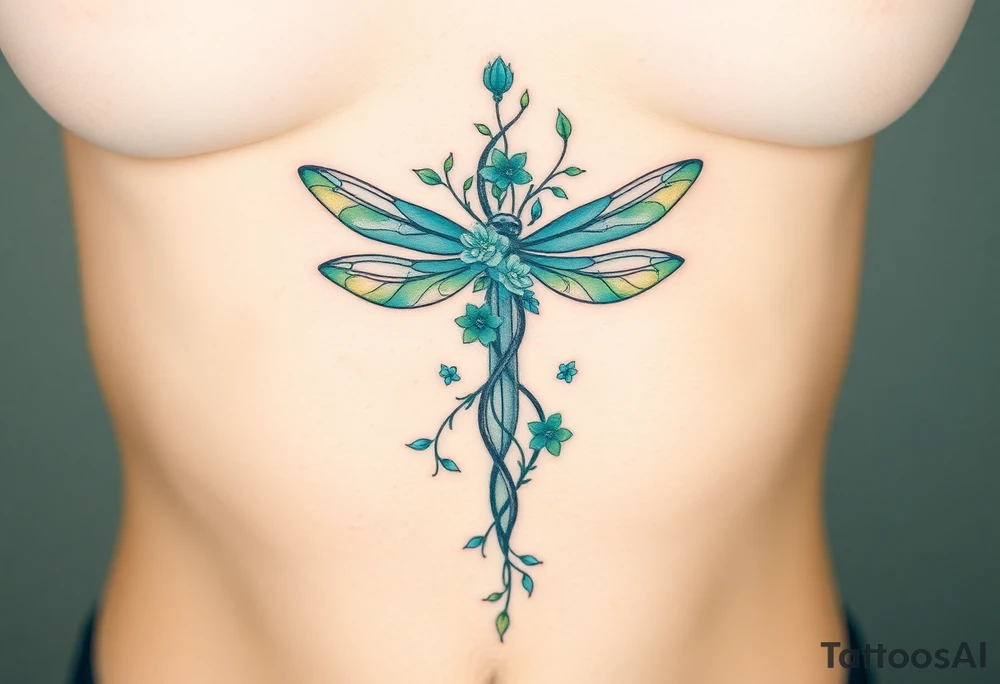 A cross made of twisting vines and flowers, with dragonfly-like wings in shades of teal and green tattoo idea