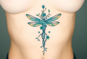 A cross made of twisting vines and flowers, with dragonfly-like wings in shades of teal and green tattoo idea