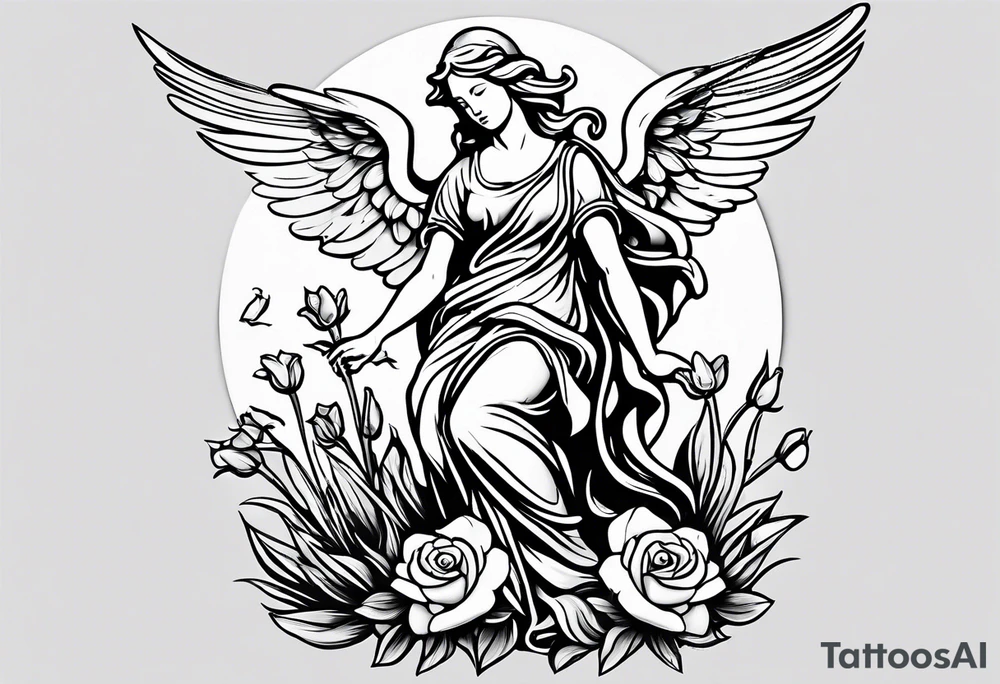 Simple Angel statue stood on a rock with daffodils and roses wrapped around its legs tattoo idea