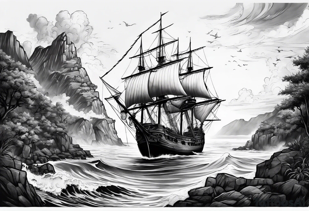 coastal scene with galleon tattoo idea