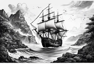 coastal scene with galleon tattoo idea