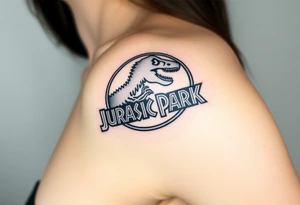 Jurassic Park logo with the dinosaur holding a stick tattoo idea