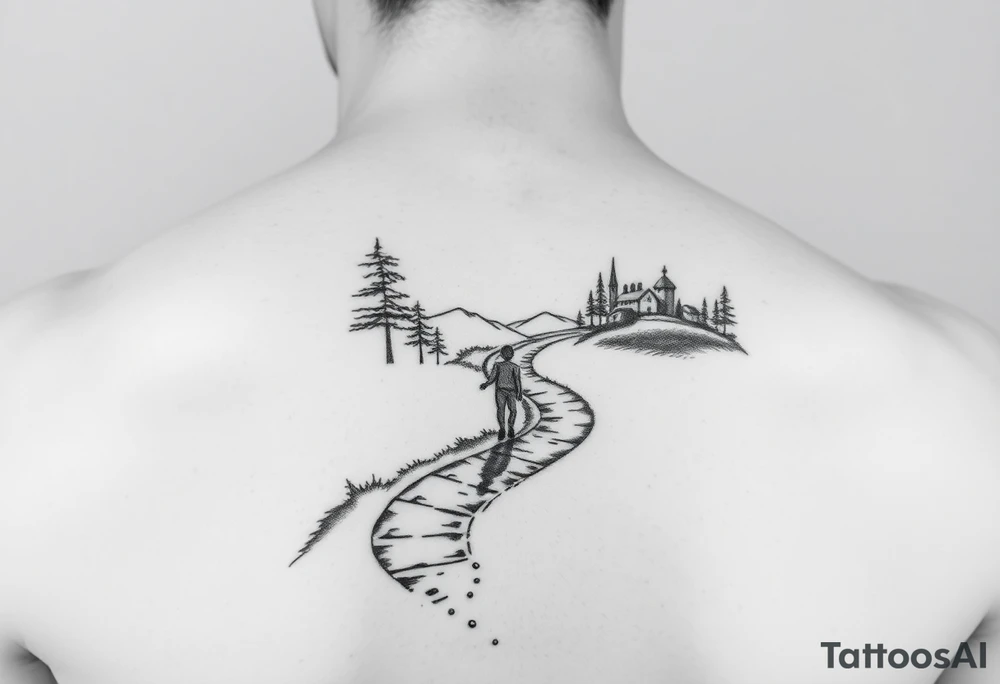 designing a black and white tattoo for a half-sleeve on shoulder: path beginning in the bottom end and winding upwards. The first third starting at the bottom. On the left are a few trees and on the right side a village and a school. A child is walking the path. tattoo idea