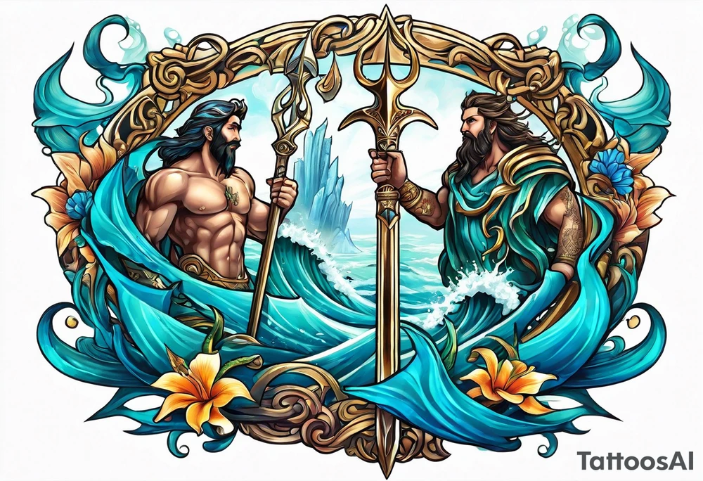 Poseidon’s Trident with Atlantis backdrop tattoo idea