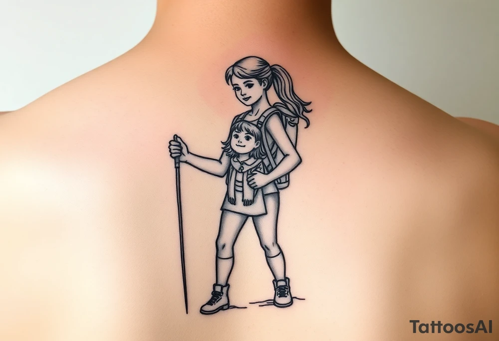 one line tattoo with a woman holding hiking poles and climbing, with a little girl inside her cheering for her inside her tattoo idea