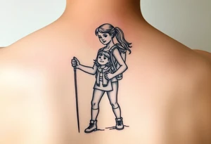 one line tattoo with a woman holding hiking poles and climbing, with a little girl inside her cheering for her inside her tattoo idea