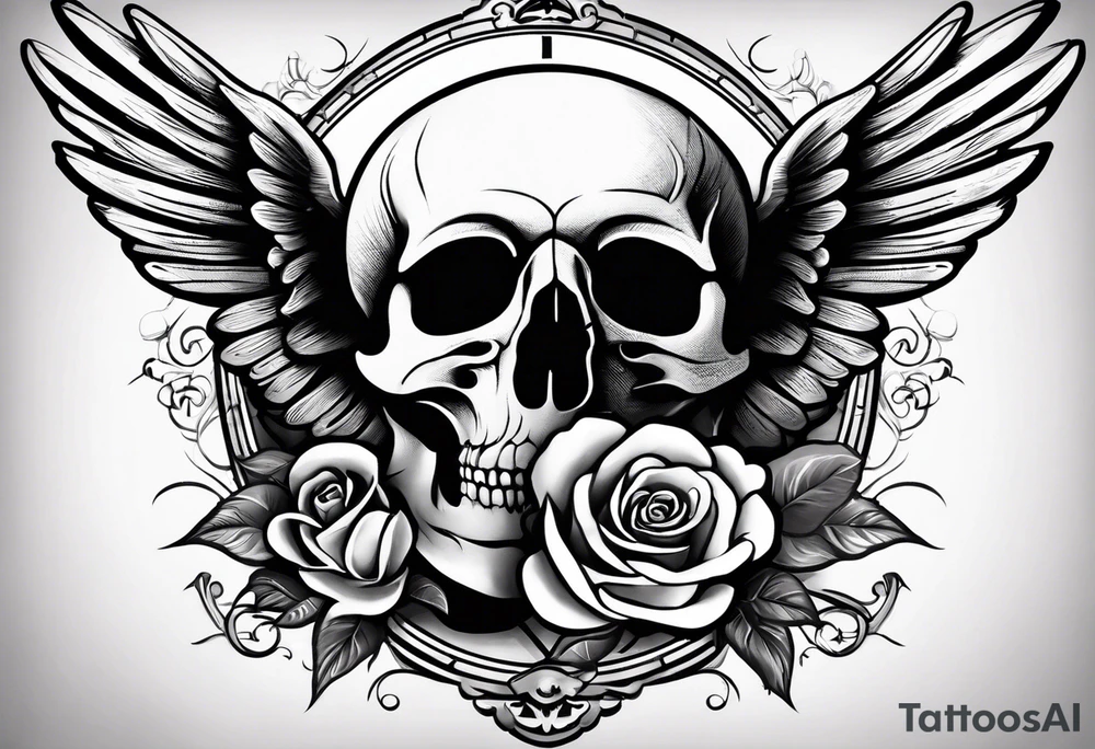 in the background at the top, a dove with rays of light;
in the central part, a skull and an hourglass;
at the bottom, a rose tattoo idea