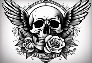 in the background at the top, a dove with rays of light;
in the central part, a skull and an hourglass;
at the bottom, a rose tattoo idea