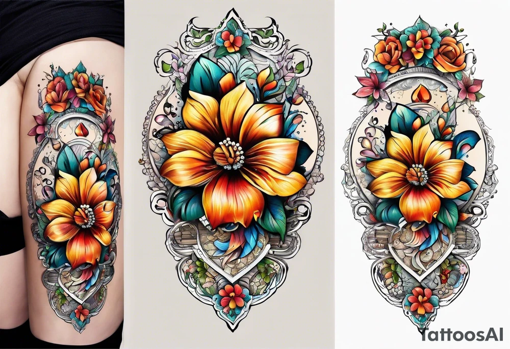 Floral leg piece with beading and lace tattoo idea. colorful, old school flowers, highly detailed, florals. white background. beautiful hourglass at the center, intricate highly detailed, tattoo idea