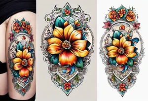 Floral leg piece with beading and lace tattoo idea. colorful, old school flowers, highly detailed, florals. white background. beautiful hourglass at the center, intricate highly detailed, tattoo idea