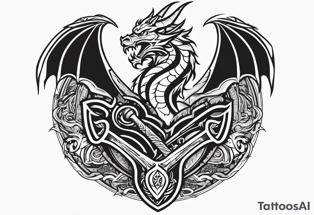 Valhalla sword shield dragon head axe tattoo idea