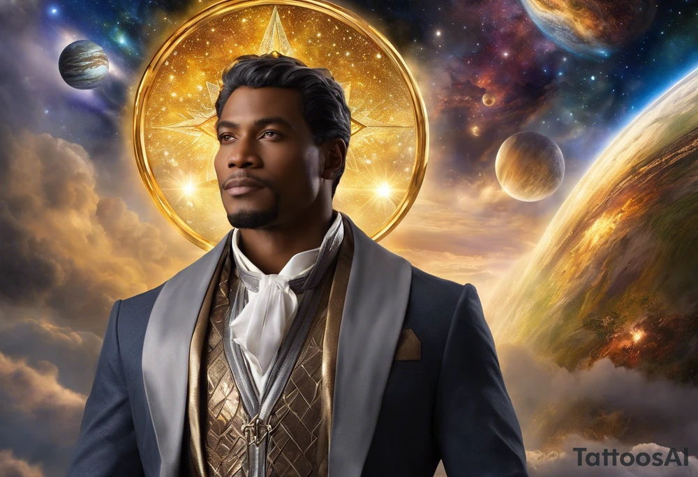 Jehovah looking out at the marvels of his creation from the atoms to the galaxy and celestial beings. With grey wash and a fantasy theme. Jehovah has to be a character who is so majestic, charismatic, immensely powerful. There isnt a single thing he isnt capable of doing. Infinitely powerful forward facing. Without the pagan styled attire and without the pagan symbols etcetera, shirtless, large muscular athletic physique, deep muscle definition tattoo idea