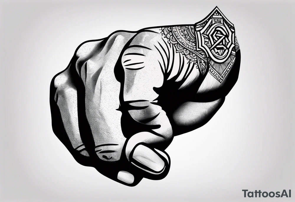 A clenched fist, the hand contains five fingers as specified, the tattoo is a back tattoo using negative space drawing techniques tattoo idea