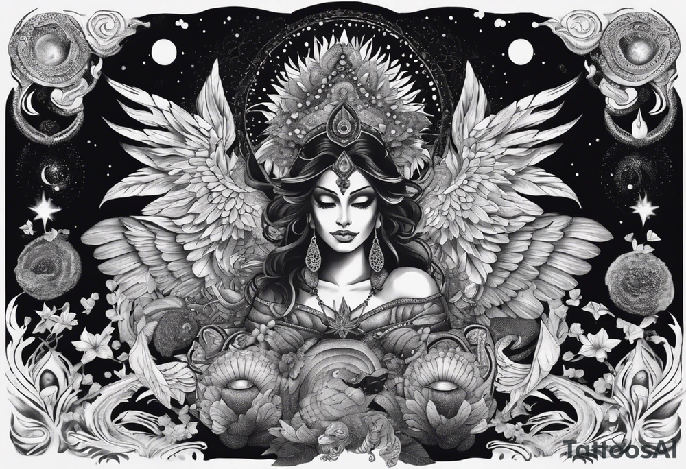 black kali, goddess pirate, alien, angel, pachamama, valkrye, warrior, flying, skull, lotus azul, wing, eagle, zenza resonance, stars, 5D, anahata chakra, death, durga, riding on a tiger, flying lady, kundalini, chest tatoo, samuri, rebel, serpent tattoo idea
