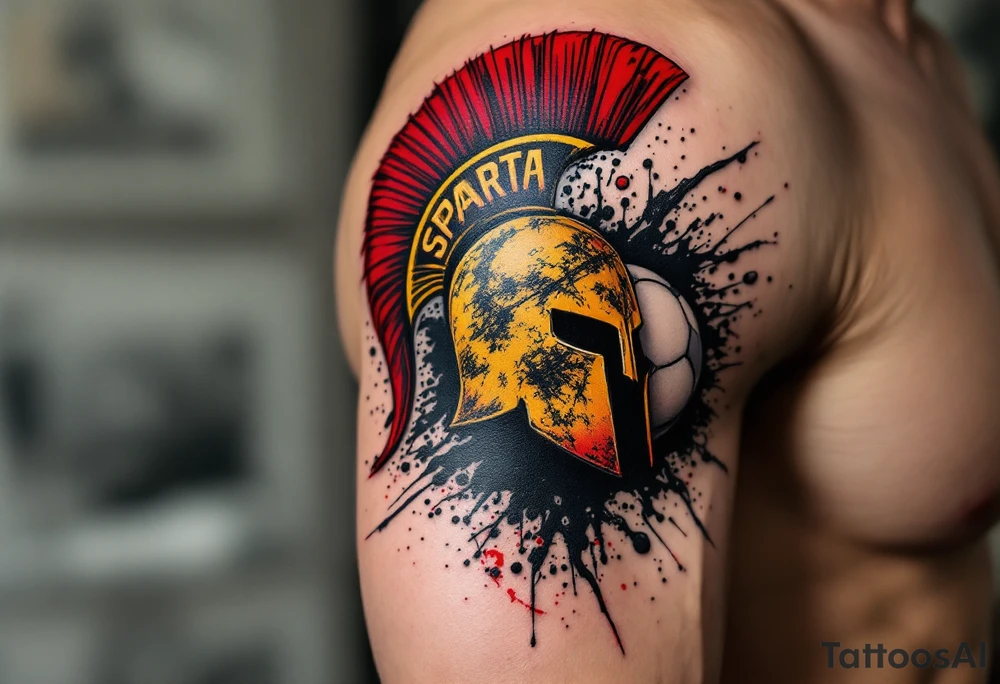 An abstract tattoo of a puck and ball crashing together, merging into the red-and-yellow Sparta logo. tattoo idea