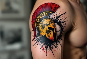 An abstract tattoo of a puck and ball crashing together, merging into the red-and-yellow Sparta logo. tattoo idea